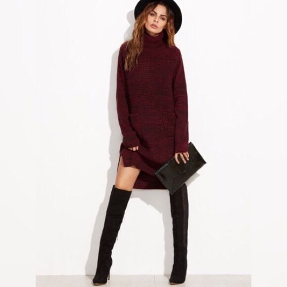 HP-Burgundy Knit Turtleneck High Low Sweater Dread - Picture 1 of 4